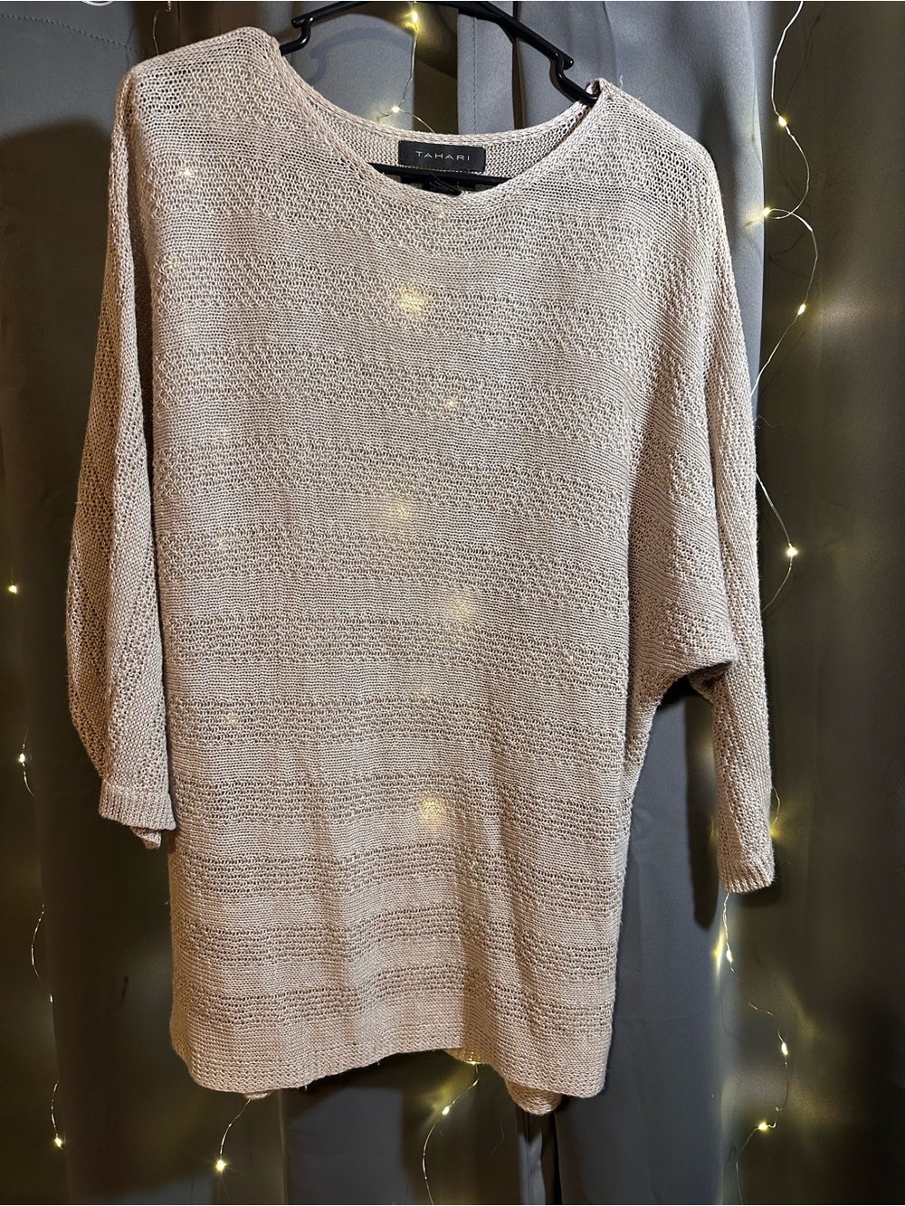 Tahari Light Taupe Scoop Neck Linen Sweater Blouse